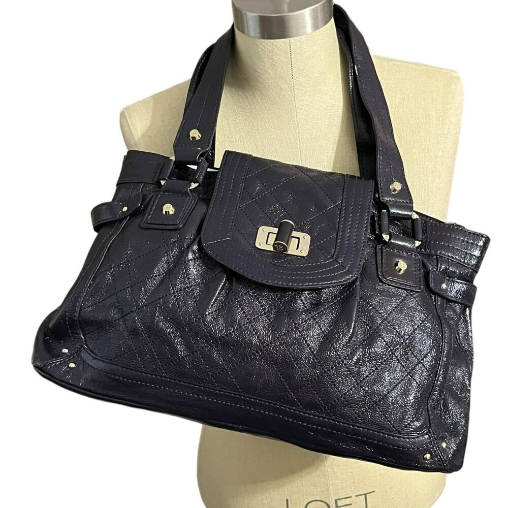Elliott Lucca Glossy Eggplant  Purple Leather Textured‎ Quilted Satchel Purse